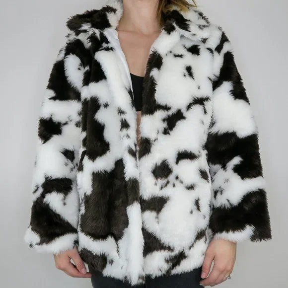 SHEIN Jackets Coats Shein Cow Print Faux Fur Fuzzy Coat